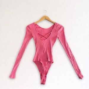 Aerie Pink Ribbed Long Sleeve Criss Cross Bodysuit Small